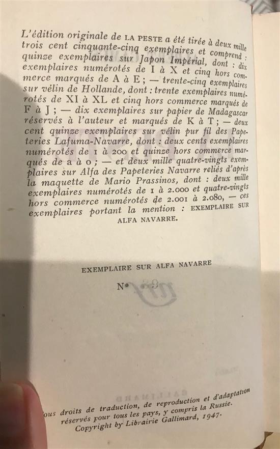 Camus, Albert (1913-60) - La Peste [The Plague], 1st edition, number 39 of 2080, numbered copies on Alfa Navarre paper, 12mo (18 x 12cm